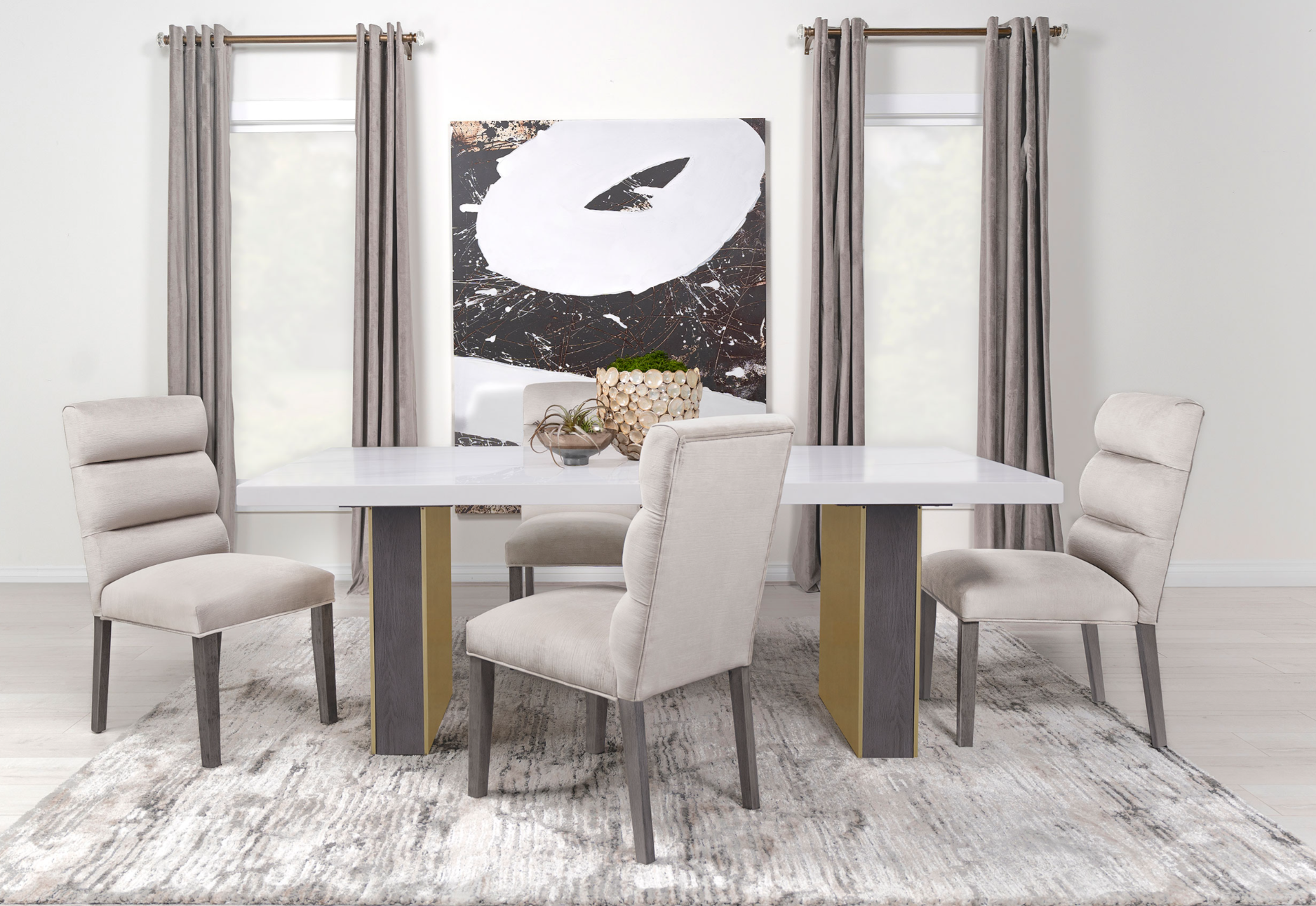 5 Pcs Carla Dining With Cultured Carrara Marble Top White And Gold