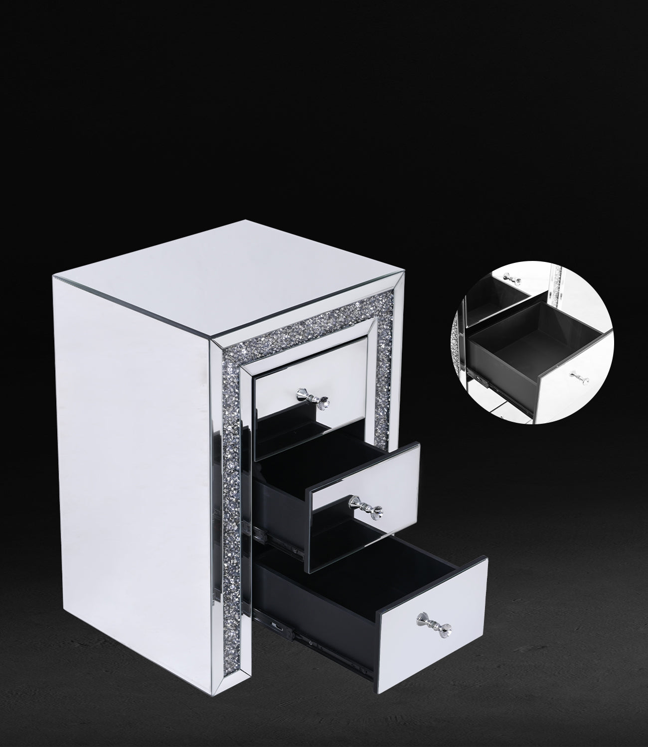 VANITII Crushed Diamonds LED Bedside Table X-THREE-TAB-LED-02-01