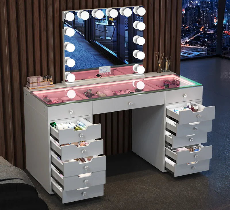 Eva-RGB Vanity Desk Pro - 13 Storage Drawers VNT-EVA-RGBC-WHT
