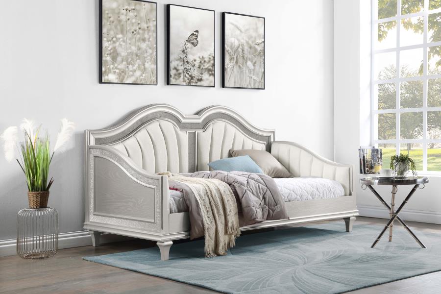 Evangeline Upholstered Twin Daybed with Faux Diamond Trim Silver and Ivory-360121