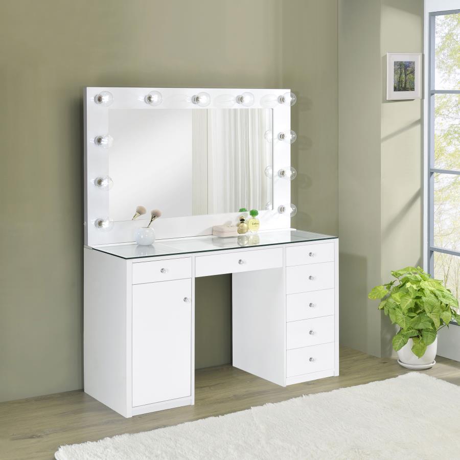 Acena 7-drawer Vanity Set with Lighting White High Gloss - 931143