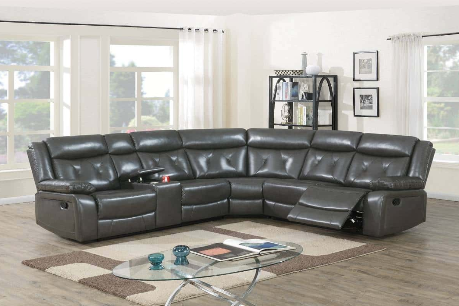 Grey leather sectional online with recliners