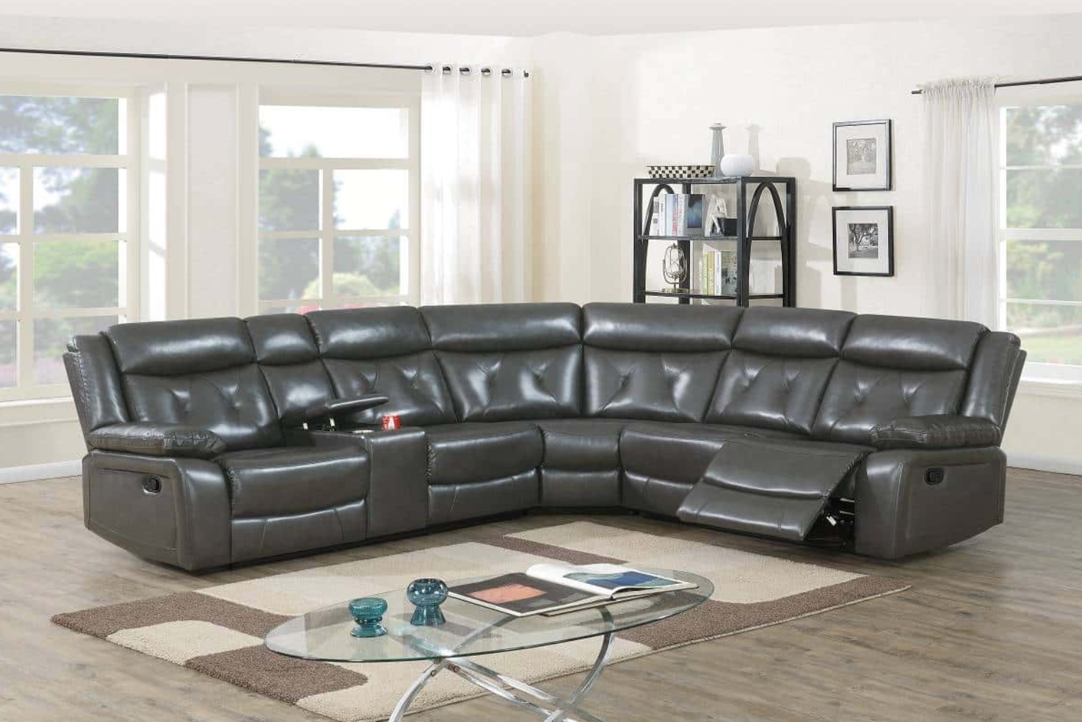PU Leather 3-Pcs Manual Reclining Sectional Set- Brown or Grey- F8740-50
