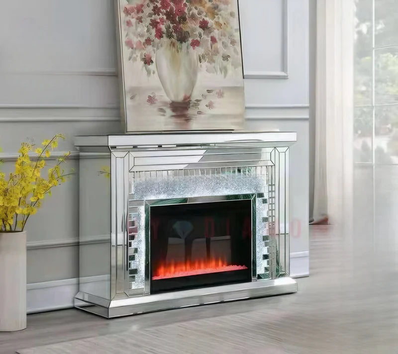 VANITII Crushed Diamonds LED Mirrored Fireplace X-FIRPLS-LED-01