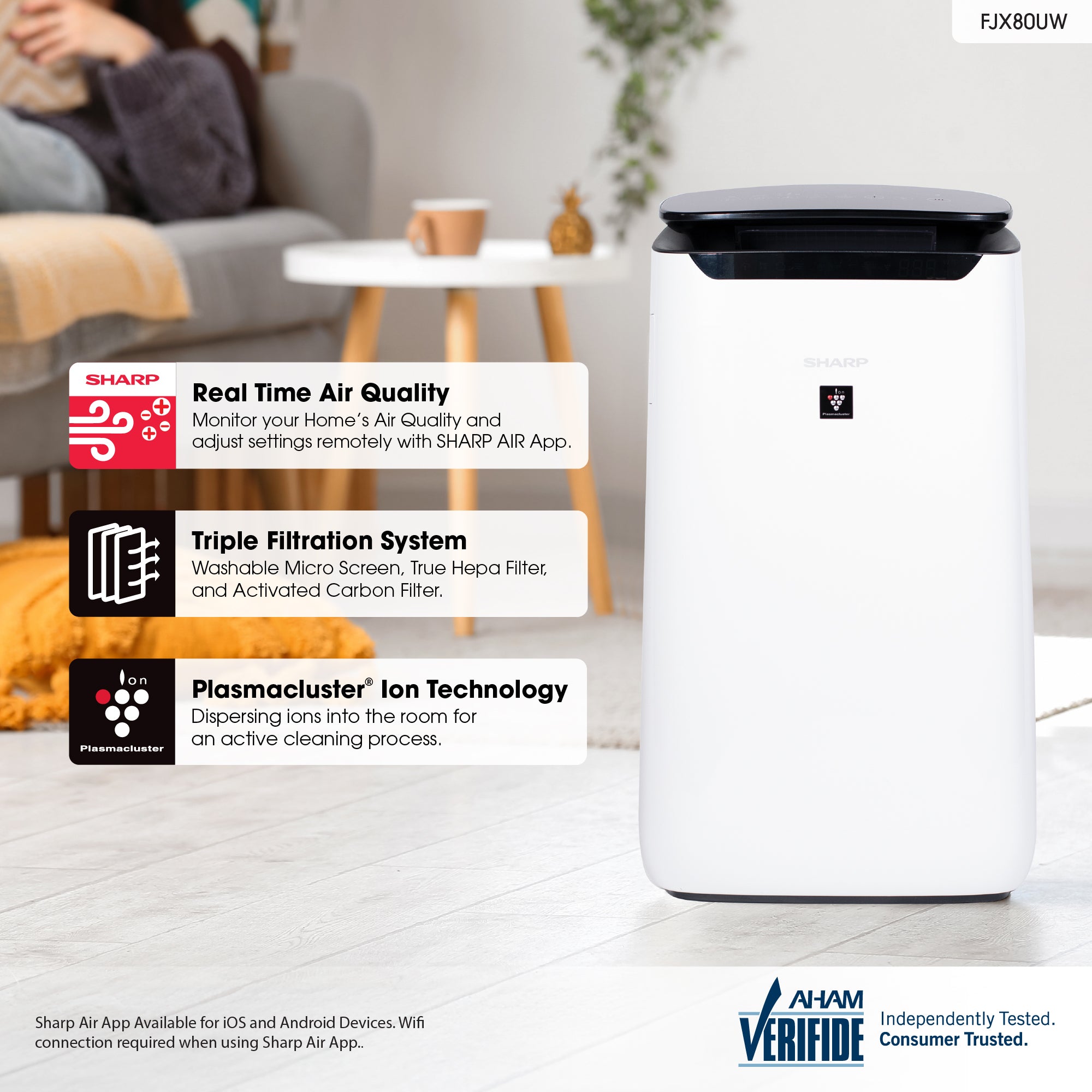 Sharp Smart Plasmacluster Ion Air Purifier with True HEPA for Extra Large Rooms