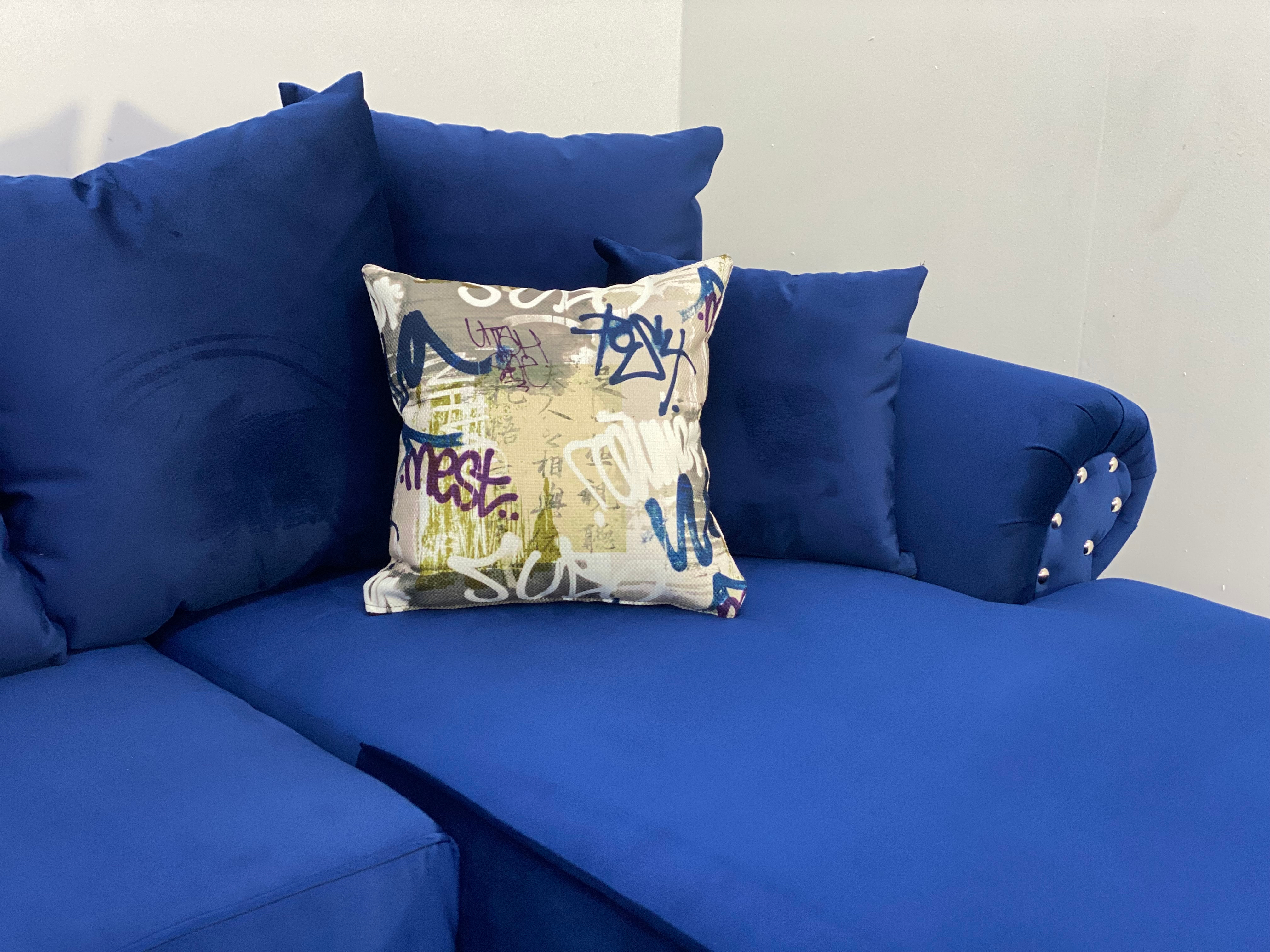 Graffiti Blue Sectional with Chaise