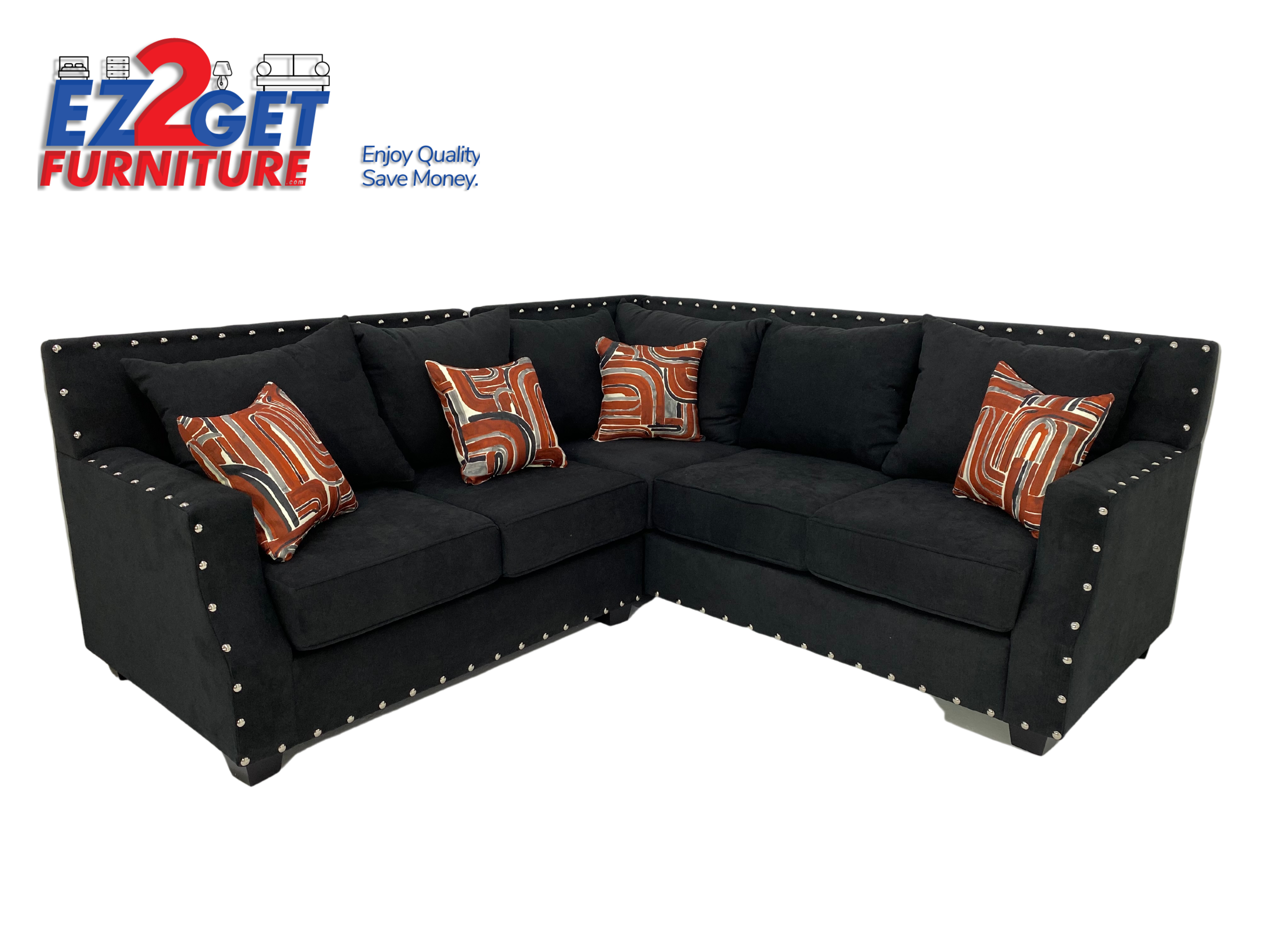 Black Sectional with Orange Ottoman
