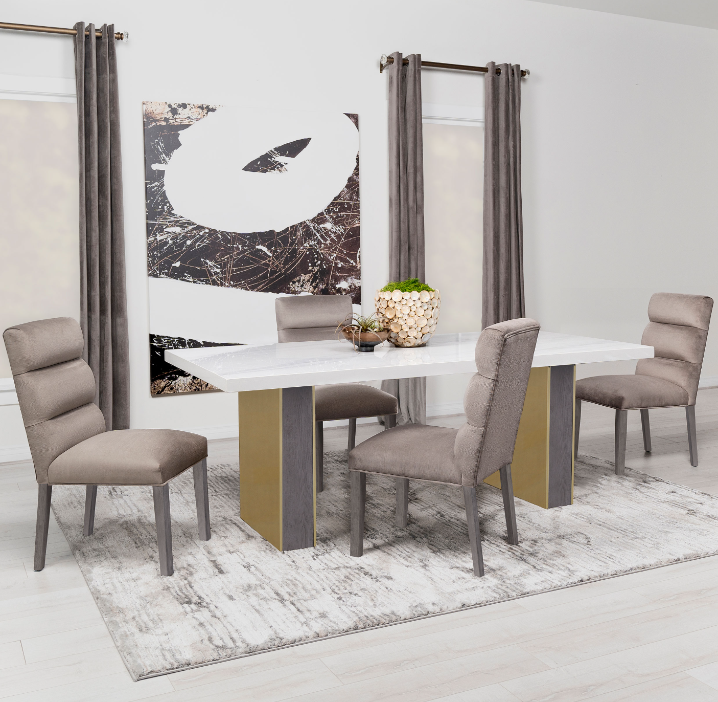 5 Pcs  Carla  Dining  With Cultured Carrara Marble Top White And Gold