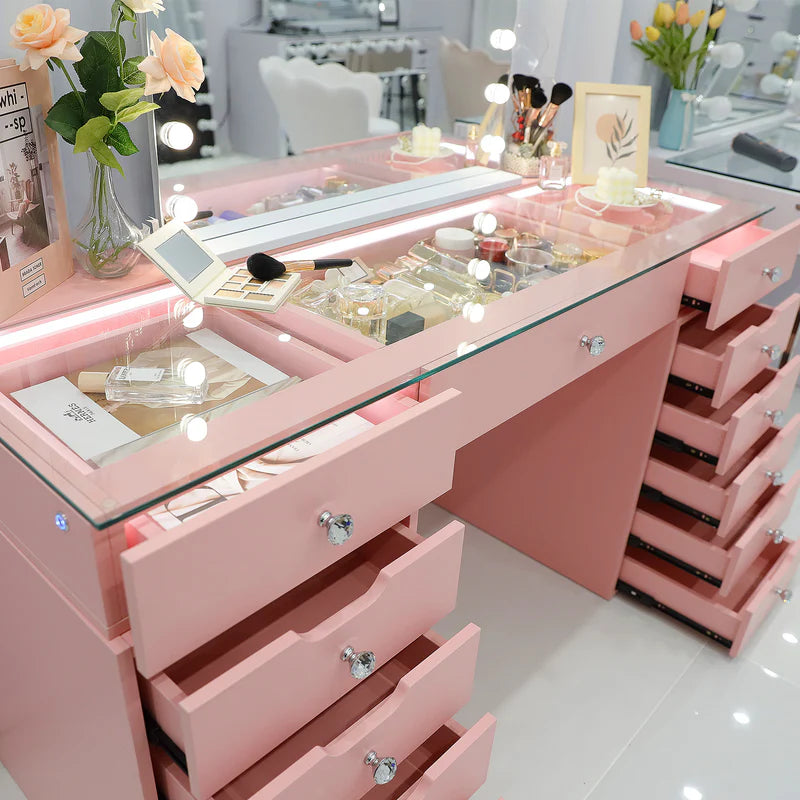 Eva Vanity Desk - 13 Storage Drawers - Pink  VNT-EVA-A01-PINK