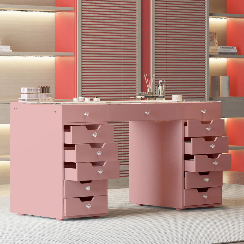 Eva Vanity Desk - 13 Storage Drawers - Pink  VNT-EVA-A01-PINK