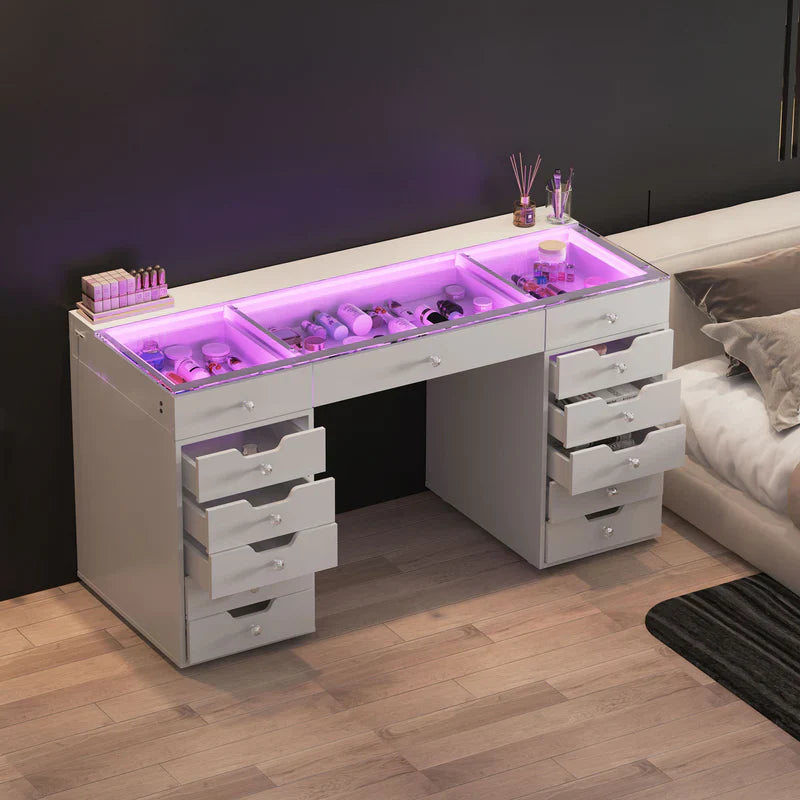 Eva-RGB Vanity Desk Pro - 13 Storage Drawers       VNT-EVA-RGBC-WHT