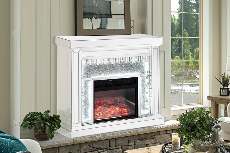 VANITII Crushed Diamonds LED Mirrored Fireplace    X-FIRPLS-LED-01