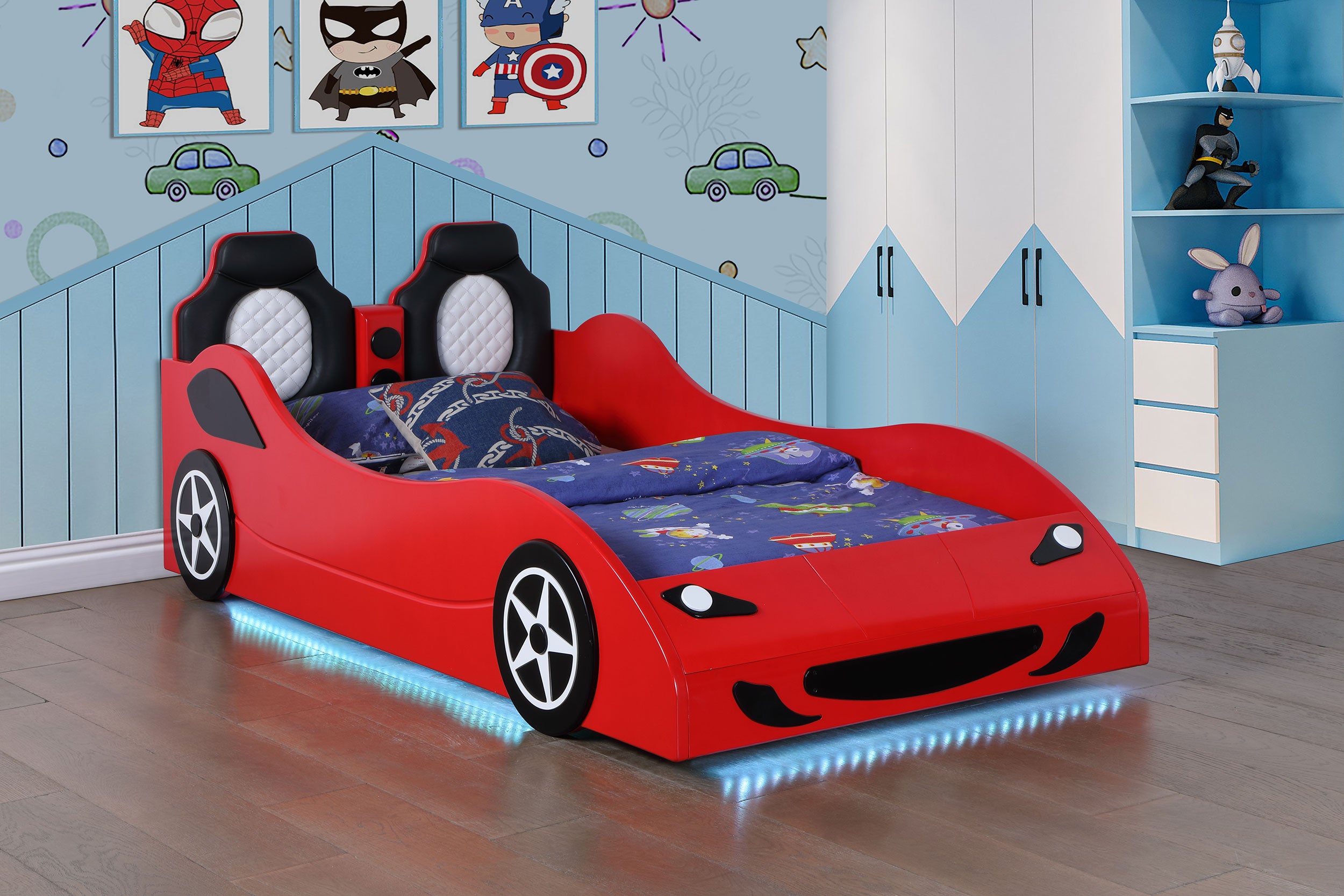 Cruiser Car Themed Twin Bed With Underglow Lights Red-400479