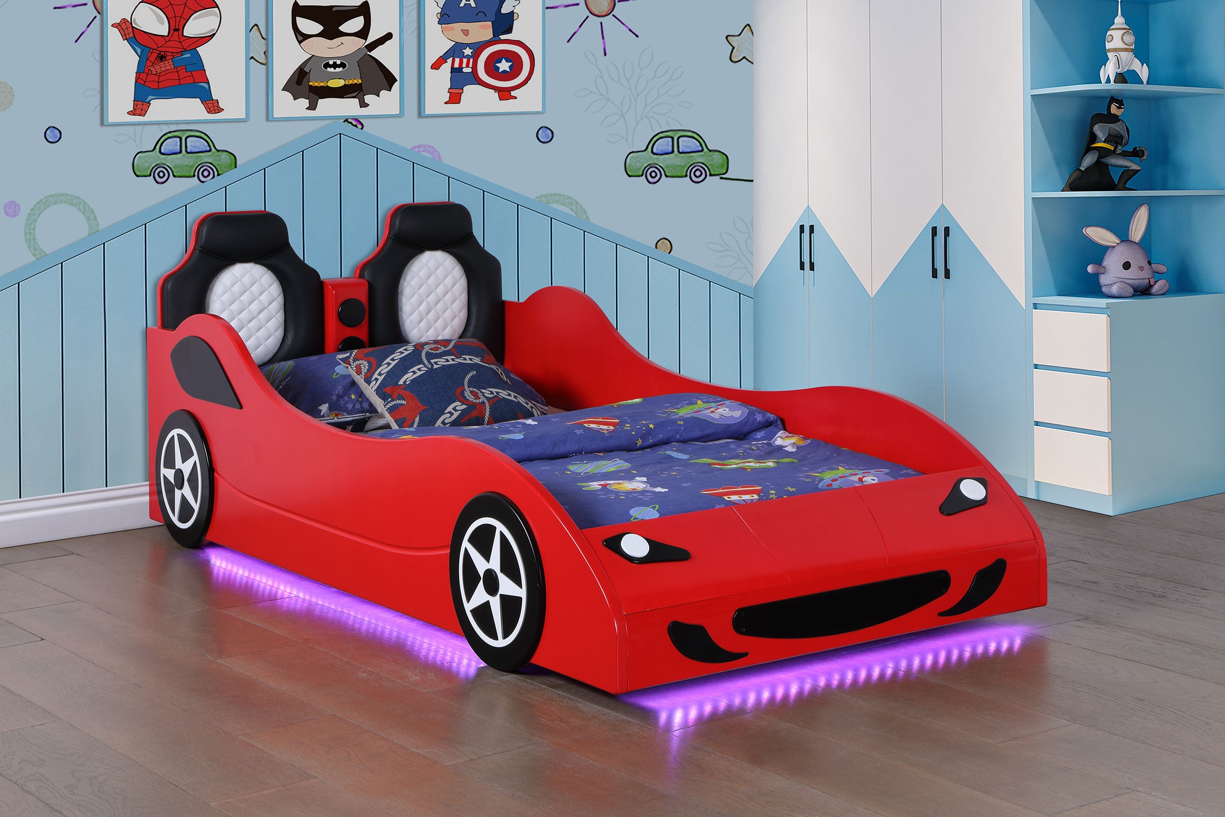 Cruiser Car Themed Twin Bed With Underglow Lights Red-400479