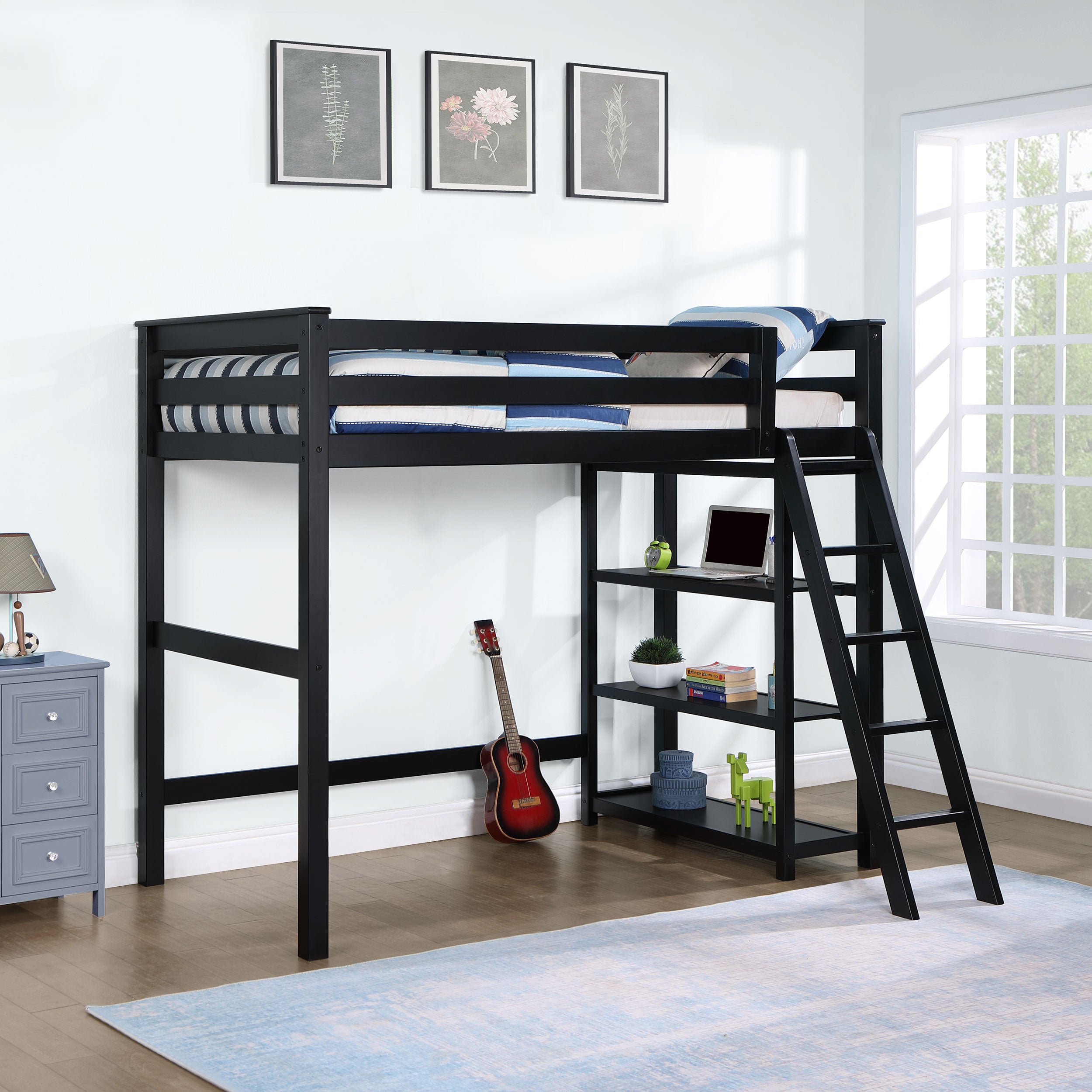 Anica 3-Shelf Wood Twin Loft Bed Black-460084