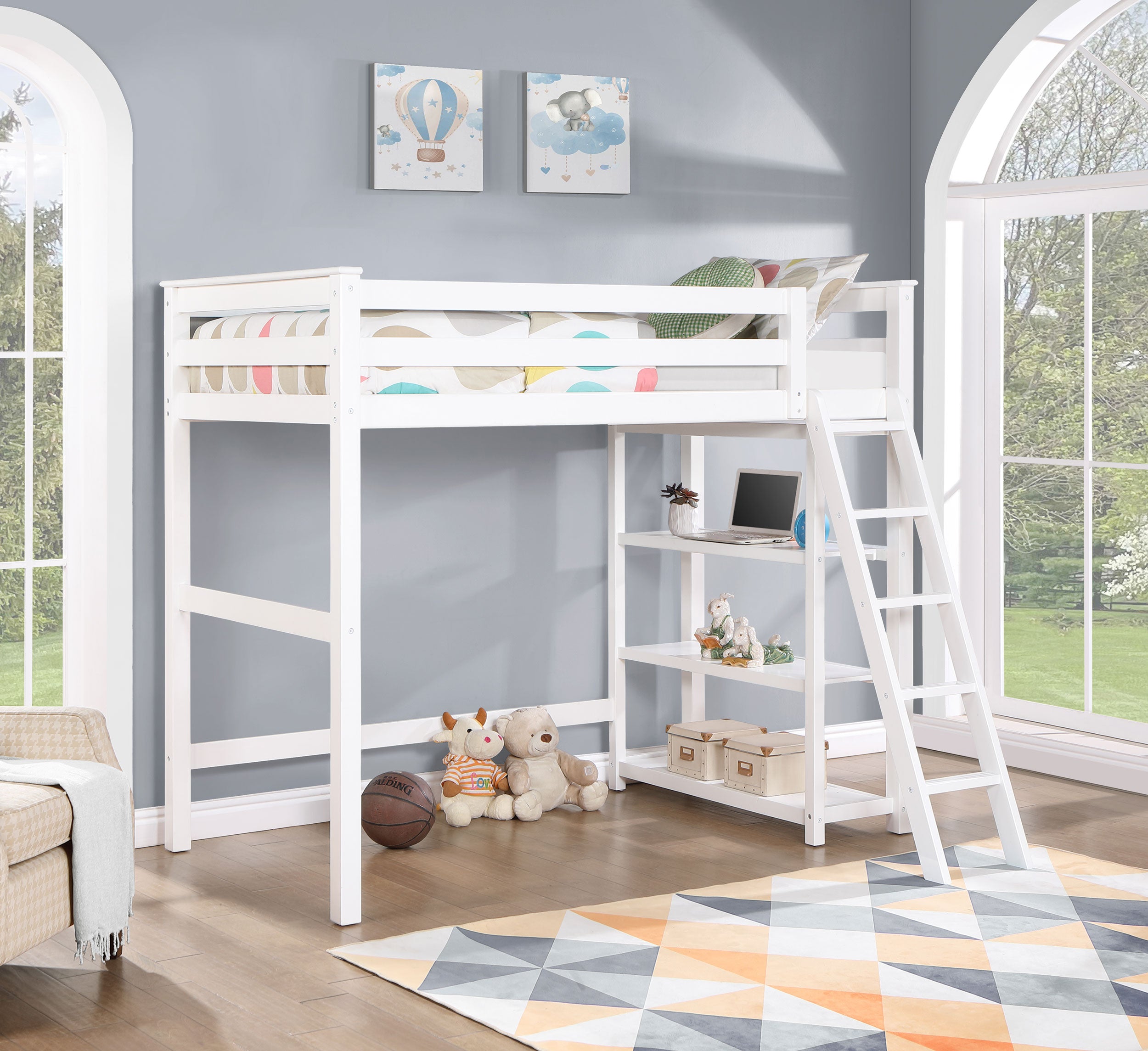 Anica 3-Shelf Wood Twin Loft Bed White- 460089