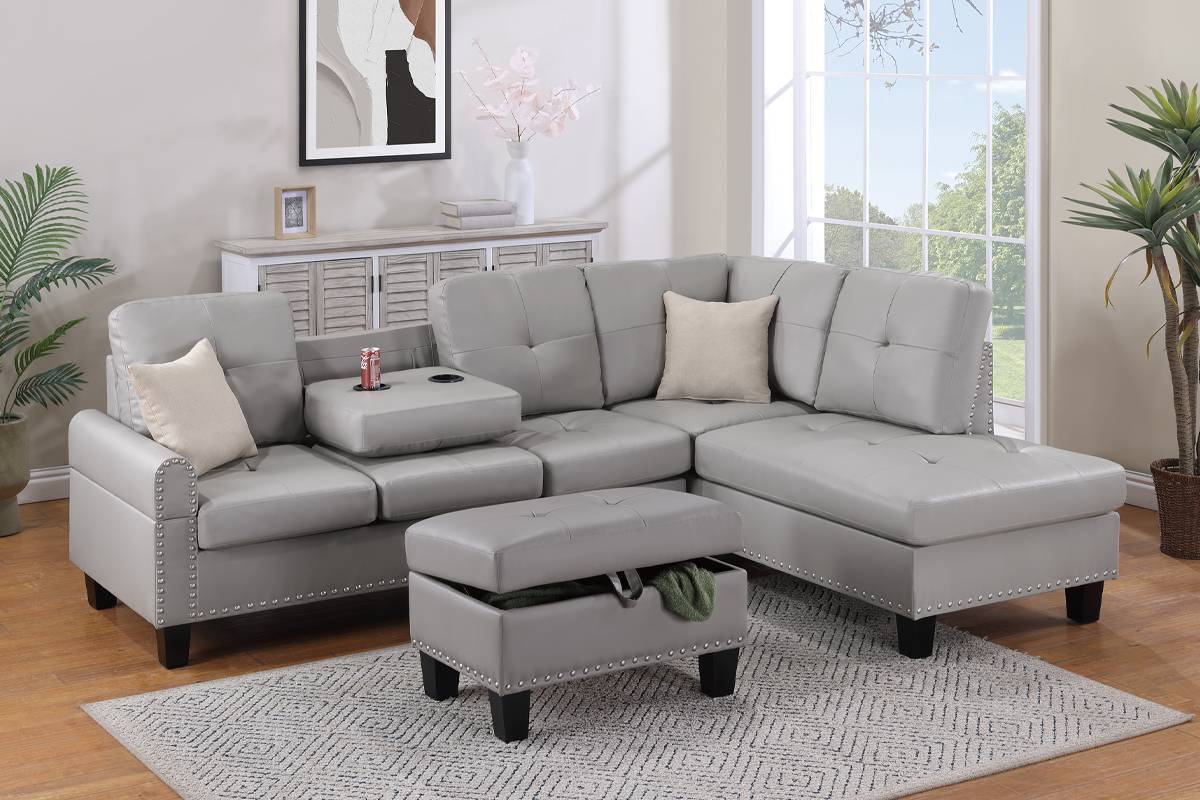 3-PC Leather Sectional Sofa with Storage Ottoman F8888/F8889