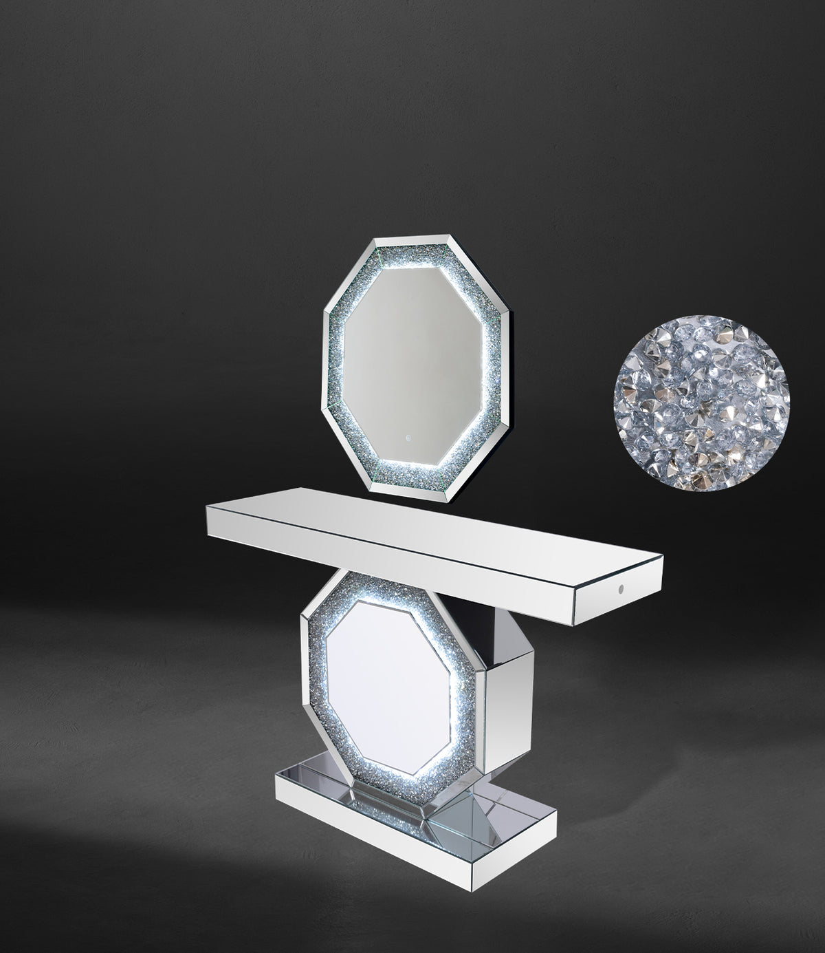 VANITII Crushed Diamonds LED Mirrored Console Table X-TAB-LED-06-02