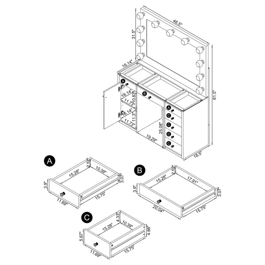 Acena 7-drawer Vanity Set with Lighting White High Gloss	-  931143