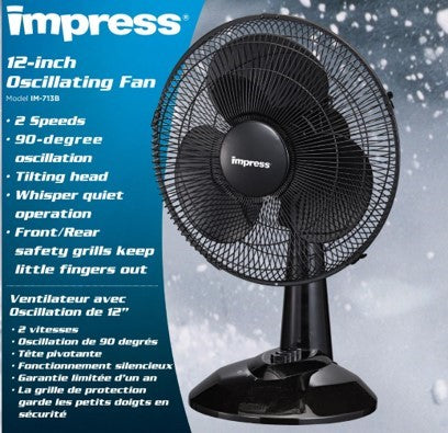 Impress 12-inch 3-speed oscillating desk fan black -IM-713B