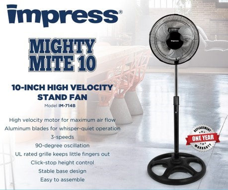 Impress Mighty Mite 10 10-inch oscillating stand fan with metal blades and round base -IM714