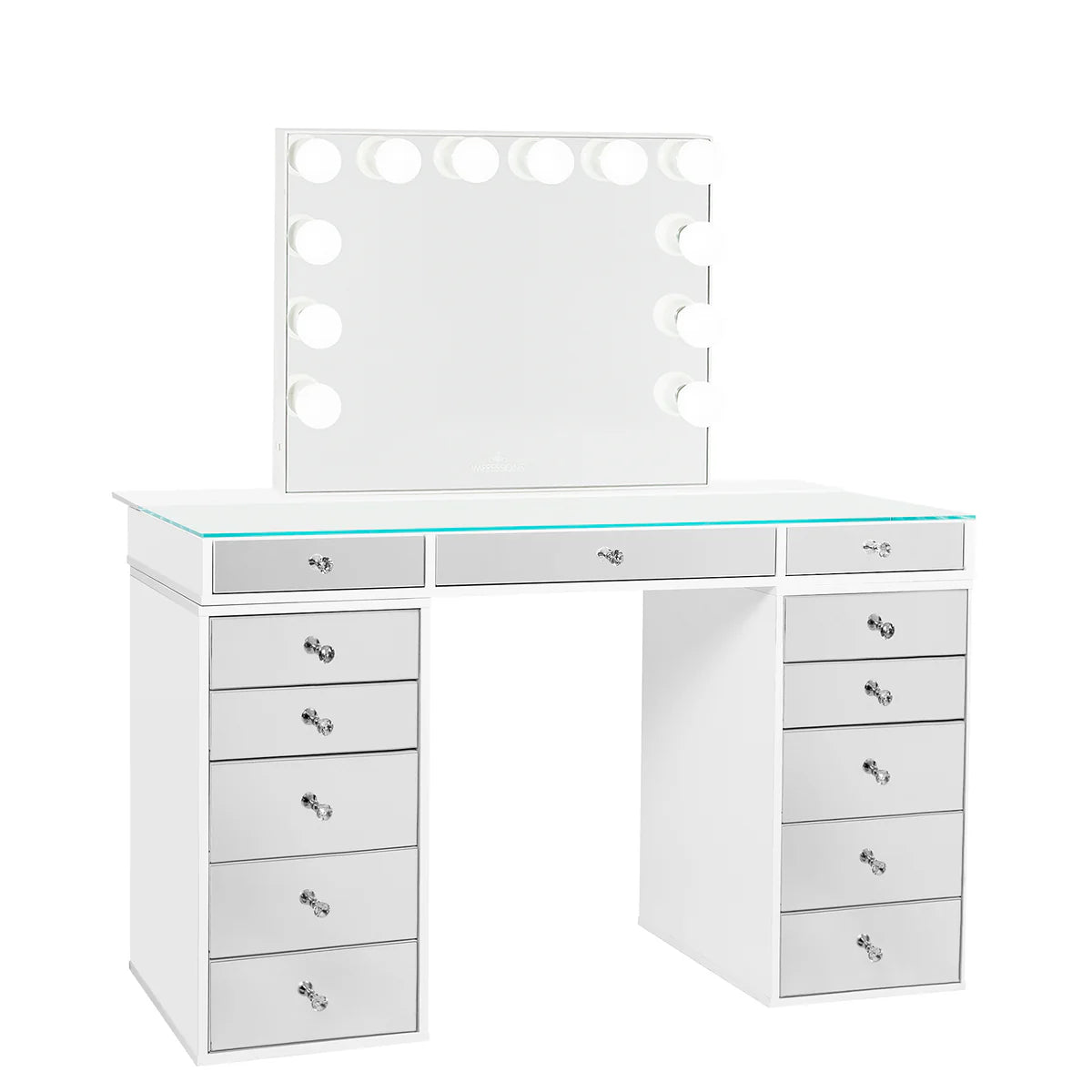 IVFT-SLAYPLUV2M5DR-WHT-N | SlayStation® Plus 2.0 Mirrored Tabletop + Vanity Mirror + 5 Drawer Units Bundle